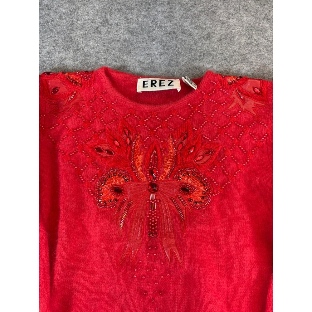 Vintage 80s Erez Beaded Butterfly Sweater Red Lambswool Angora Snakeskin Small
